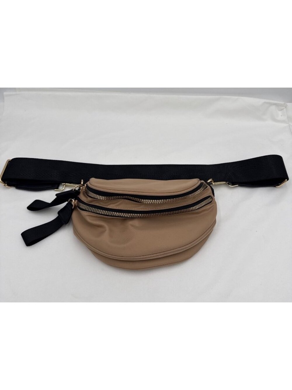 Tan Nylon Belt Bag Adjustable Strap Gold Zippers Multi Compartments Lightweight